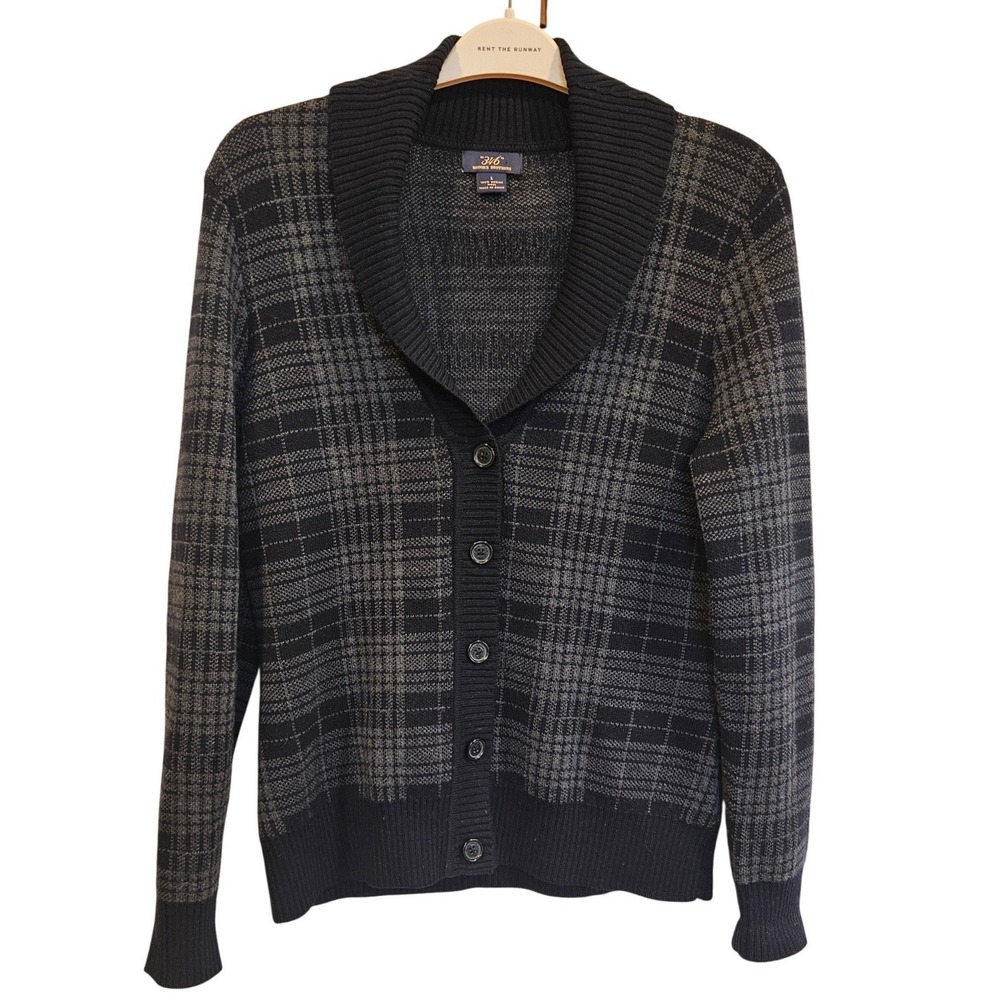 Brooks Brothers 346 Black Grey Plaid 100% Merino Wool Shawl Cardigan Luxury Rich